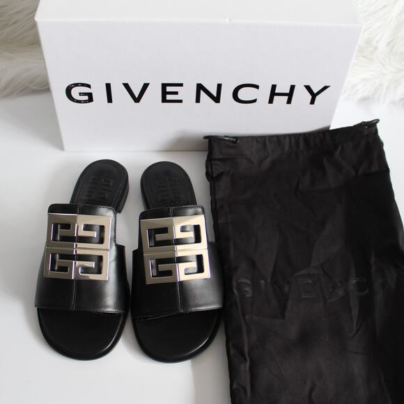 New Givenchy 4G Black Leather Silver Logo Slides - Picture 6 of 15